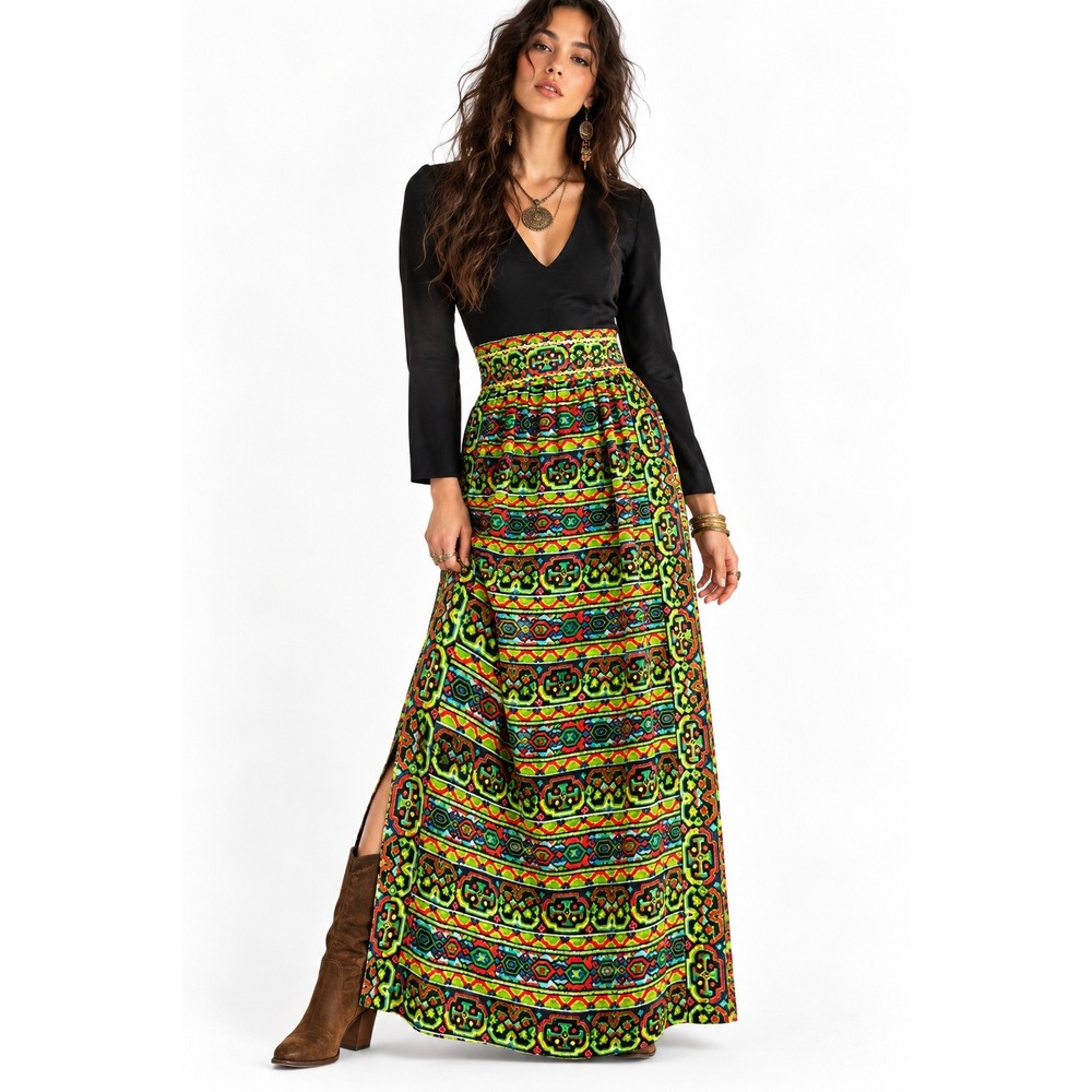 Vintage 70s Western Maxi Dress sz M Tapestry Embellished Belt Boho Luxe Chic